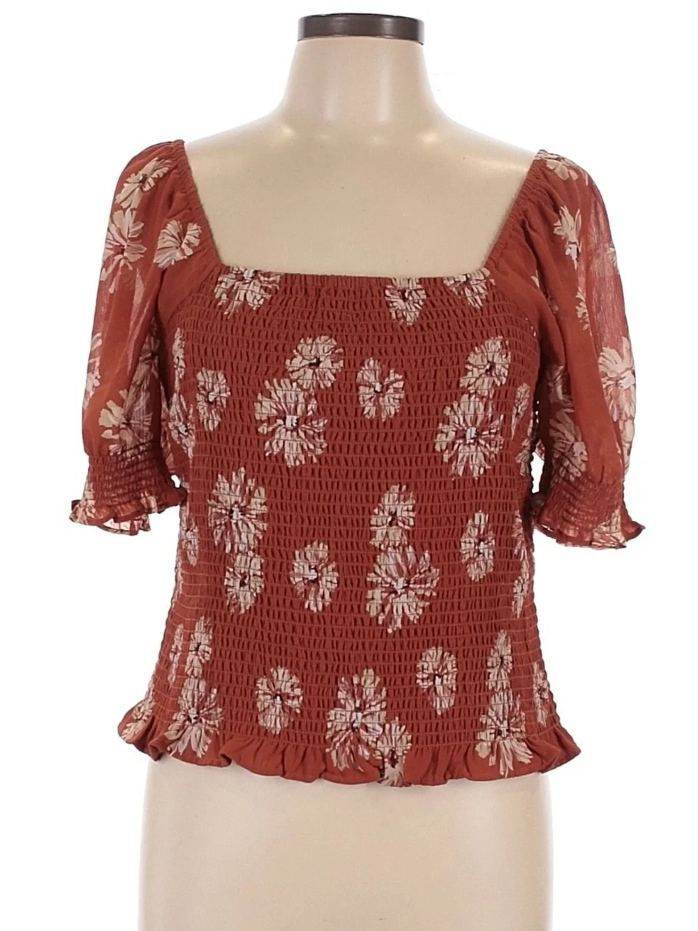Madewell Rust Floral Smocked Square-Neck Blouse